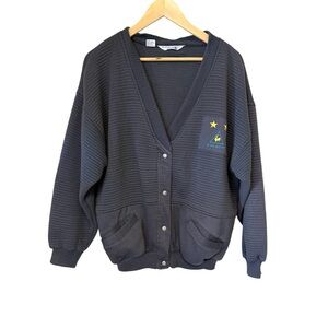 Vintage 80s Le Coq Sportif Navy Ribbed Knit cardigan Sweater